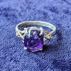 New 9K Gold And 925 Sterling Silver Ring With Amethyst And Diamonds